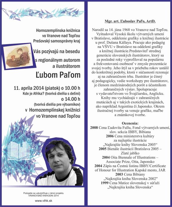 stretnutie s regionálnym autorom a ilustrátorom, 11. apríla 2014 o 10.00 h a o 14.00 h