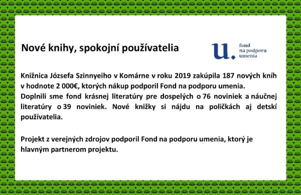 Knižnica Józsefa Szinnyeiho v Komárne zakúpila knihy s podporou Fondu na podporu umenia