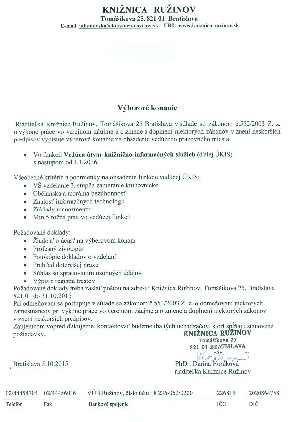 Pozícia: Vedúca útvaru knižnično-informačných služieb, prihlášky do 31. 10. 2015
