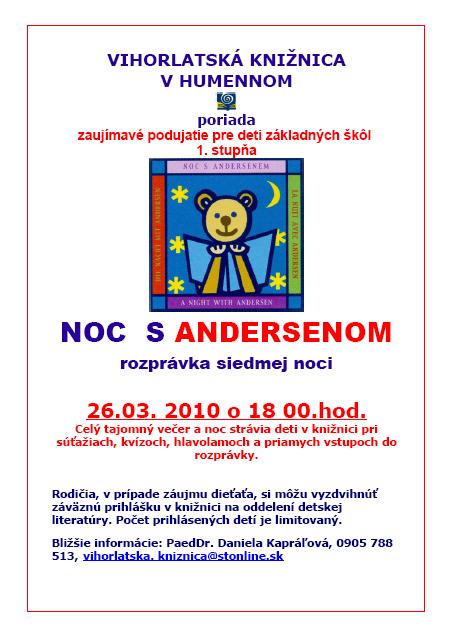 Noc s Andersenom vo Vihorlatskej knižnici v Humennom 26. 3. 2010 o 18.00 hod.- záväzné prihlásenie