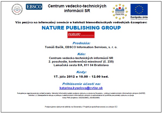 Pozvánka do Centra VTI SR na informačný seminár o kolekcii biomedicínskych vedeckých časopisov,17. 7. 2012 o 10.00 hod. 