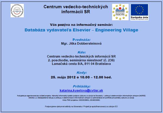 Pozvánka do Centra VTI SR na informačný seminár, 25. 5. 2012 o 10.00 hod.