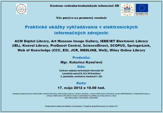 Pozvánka do Centra VTI SR na praktický seminár, 17. 5. 2012 o 10.00 hod.