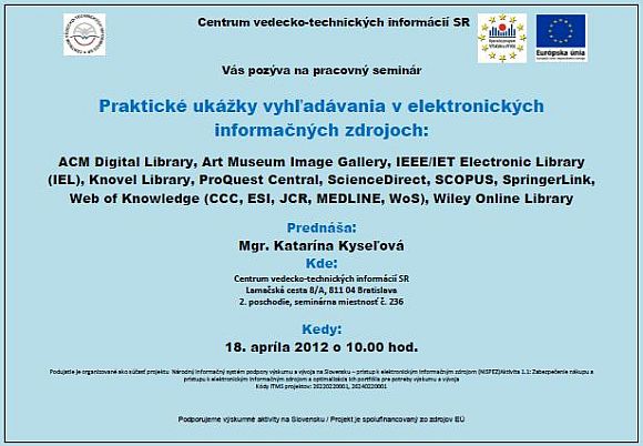 Pozvánka do Centra VTI SR na pracovný seminár, 18. 4. 2012 o 10.00 hod.