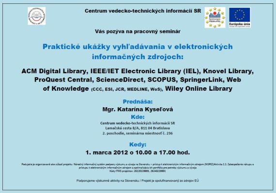 Pozvánka do Centra VTI SR na pracovný seminár, 1. 3. 2012 o 10.00 a 17.00 hod.
