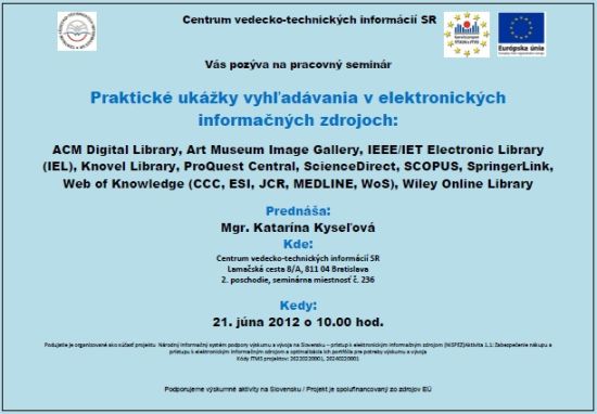 Pozvánka do Centra VTI SR na pracovný seminár, 21. 6. 2012 o 10.00 hod.