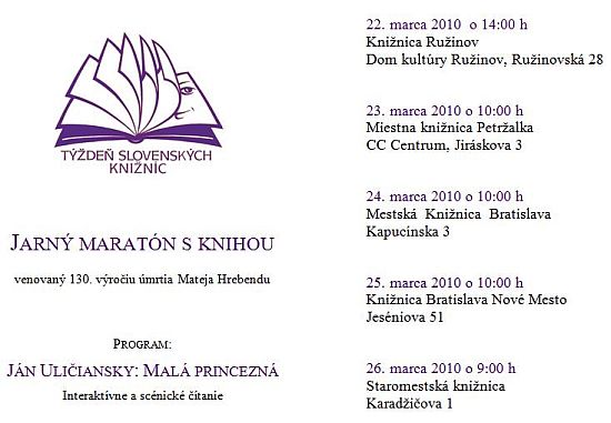 Program 4. ročníka spolupráce verejných knižníc v Bratislave v rámci TSK, 22. – 26. marca 2010