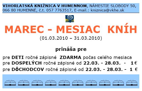 Marec – mesiac knihy vo Vihorlatskej knižnici v Humennom, 1. – 31. 3. 2010