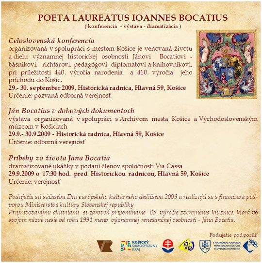 Pozvánka do Košíc na celoslovenskú konferenciu, výstavu a dramatizáciu venovanú životu Jána Bocatia, 29. – 30. 9. 2009