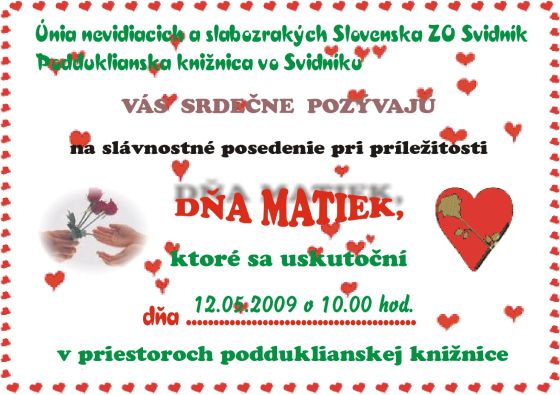 Pozvánka do Podduklianskej knižnice vo Svidníku na posedenie pri príležitosti Dňa matiek, 12. 5. 2009 o 10.00 hod.