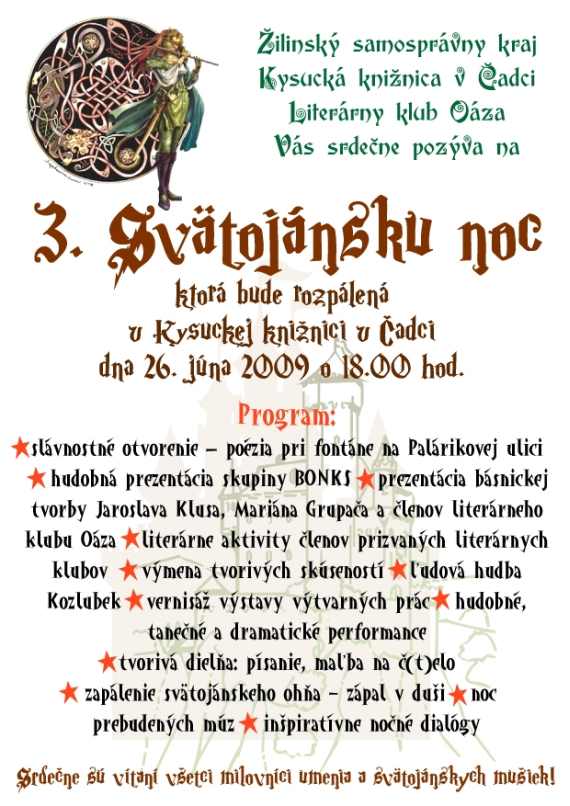 Pozvánka do Kysuckej knižnice v Čadci na Svätojánsku noc, 26. 6. 2009 o 18.00 hod.