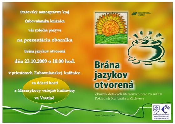 Pozvánka do ¼ubovnianskej knižnice v Starej ¼ubovni na prezentáciu zborníka Brána jazykov otvorená, 23. 10. 2009 o 10.00 hod.