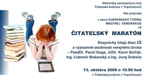 Pozvánka do Tribečskej knižnice v Topoľčanoch na čitateľský maratón, 13. 10. 2009 o 10.00 hod.