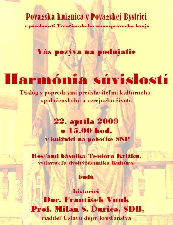 Pozvánka do Považskej knižnice v Považskej Bystrici na besedu s predstaviteľmi kultúrneho, spoločenského a verejného života, 22. 4. 2009 o 15.00 hod.