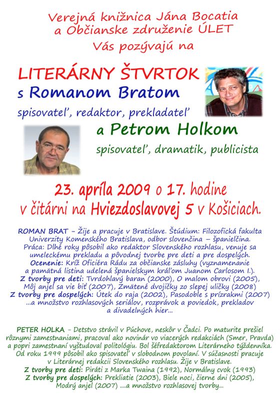 Pozvánka do Verejnej knižnice Jána Bocatia v Košiciach na Literárny štvrtok, 23. 4. 2009 o 17.00 hod.
