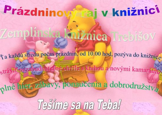 Pozvánka pre deti do Zemplínskej knižnice počas prázdnin, každú stredu od 10.00 hod.