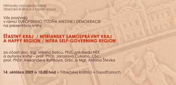 Pozvánka do Tribečskej knižnice v Topoľčanoch na prezentáciu knihy, 14. 10. 2009 o 10.00 hod.