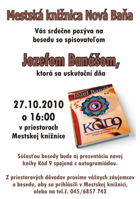 Pozvánka do Mestskej knižnice v Novej Bani na besedu s Jozefom Banášom, 27. 10. 2010 o 16.00 hod.