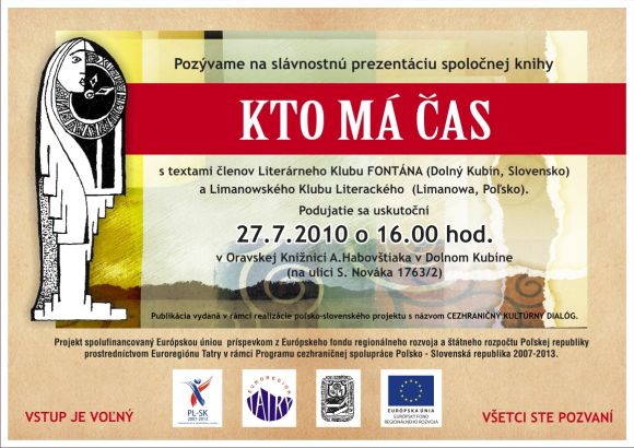 Pozvánka do Oravskej knižnice na prezentáciu knihy Kto má čas, 27. 7. 2010 o 16.00 hod.