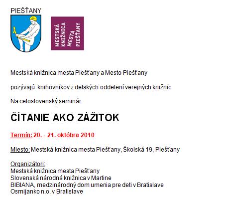 Pozvánka do Mestskej knižnice mesta Piešťany na celoslovenský seminár, 20. – 21. 10. 2010. Návratky poslať do 14. 10. 2010.