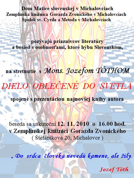 Pozvánka do Zemplínskej knižnice Gorazda Zvonického na besedu s s  Mons. Jozefom TÓTHOM, 12. 11. 2010 o 16.00 hod.