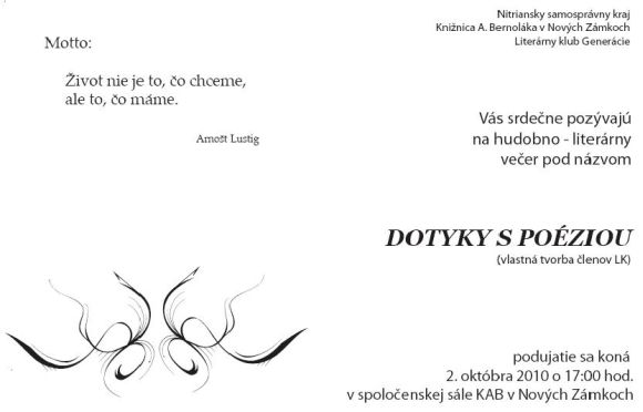 Pozvánka do Knižnice Antona Bernoláka v Nových Zámkoch na hudobno-literárny večer, 2. 10. 2010 o 17.00 hod.
