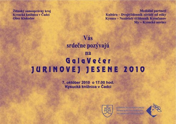 Pozvánka do Kysuckej knižnice v Čadci na galavečer Jurinovej jesene 2010, 7. 10. 2010 o 17.00 hod.