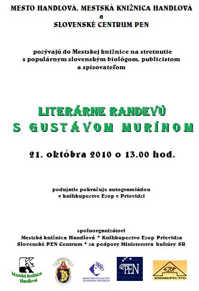 Pozvánka do Mestskej knižnice v Handlovej na stretnutie s publicistom a spisovateľom Gusávom Murínom, 21. 10. 2010 o 13.00 hod.