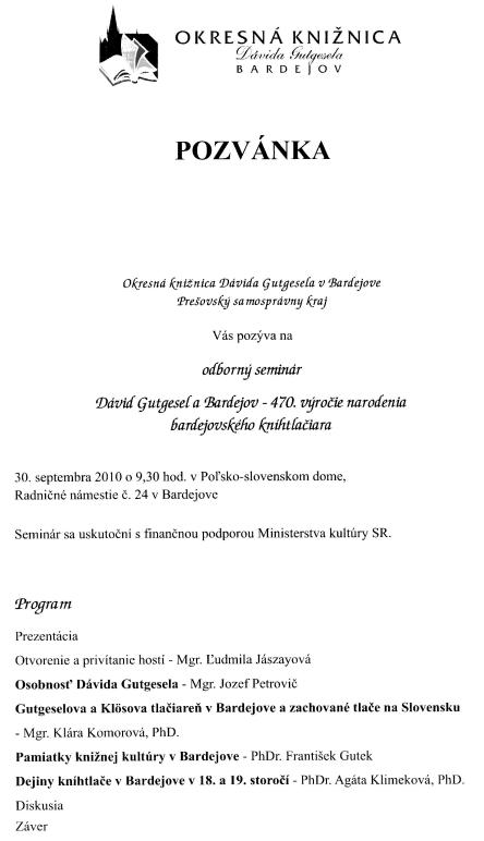 Pozvánka do Okresnej knižnice Dávida Gutgesela v Bardejove na odborný seminár, 30. 9. 2010 