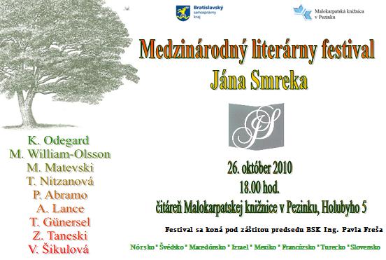 Pozvánka do Malokarpatskej knižnice v Pezinku na medzinárodný literárny festival, 26. 10. 2010 o 18.00 hod.