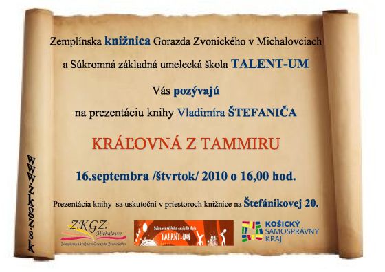 Pozvánka do Zemplínskej knižnice Gorazda Zvonického na prezentáciu knihy, 16. 9. 2010 o 16.00 hod.