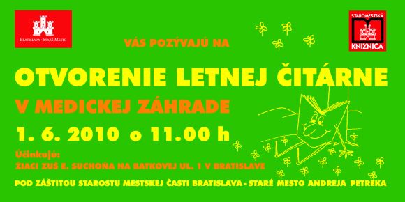 Staromestská knižnica Vás srdečne pozýva na otvorenie letnej čitárne v Medickej záhrade 1. júna 2010 o 11.00 hod.
