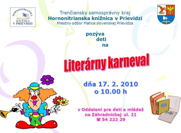 Pozvánka do Hornonitrianskej knižnice v Prievidzi na literárny karneval, 17. 2. 2010 o 10.00 hod.