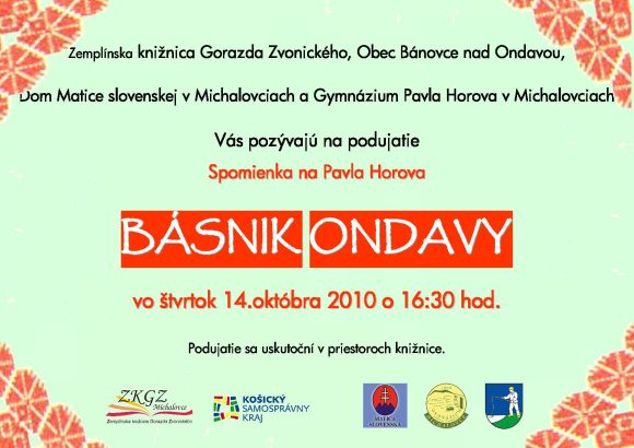 Pozvánka do Zemplínskej knižnice Gorazda Zvonického v Michalovciach na spomienkové podujatie, 14. 10. 2010 o 16.30 hod. 