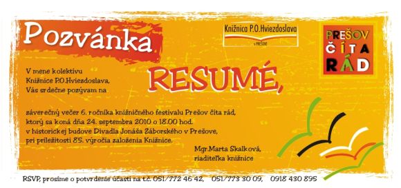 Pozvánka na Resume, do Knižnice P. O. Hviezdoslava, 24. 9. 2010 o 18.00 hod.
