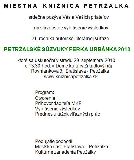 Pozvánka do Miestnej knižnice Petržalka na vyhlásenie výsledkov Petržalské súzvuky Ferka Urbánka 2010, 29. 9. 2010 o 13.30 hod.