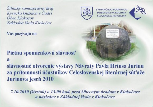 Pozvánka na pietnu spomienkovú slávnosť v Klokočove, 7. 10. 2010 o 13.00 hod.