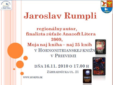 Pozvánka do Hornonitrianskej knižnice v Prievidzi na stretnutie s finalistom súťaže Anasoft Litera 2009, 16.11.2010 o 17.00 hod.  