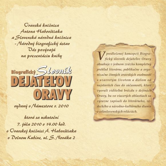 Pozvánka do Oravskej knižnice A. Habovštiaka na prezentáciu knihy, 7. 7. 2010 o 14.00 hod.