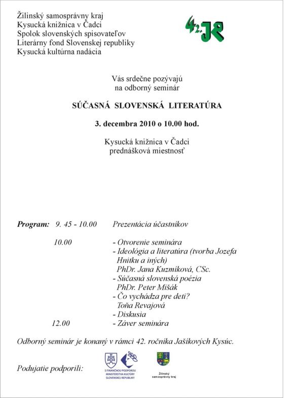 Pozvánka do Kysuckej knižnice v Čadci na seminár, 3. 12. 2010 o 10.00 hod.