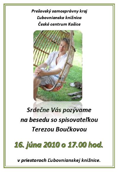 Pozvánka do ¼ubovnianskej knižnice na besedu so spisovateľkou Terezou Boučkovou, 16. 6. 2010 o 17.00 hod.