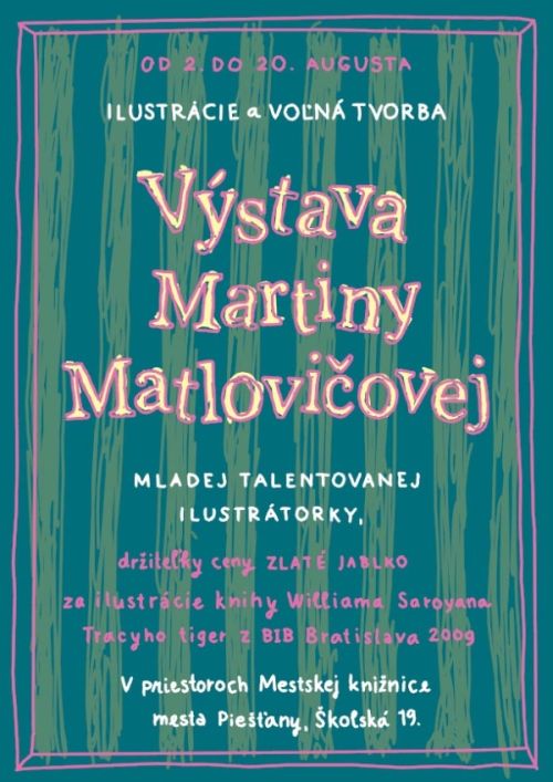 Pozvánka do Mestskej knižnice mesta Piešťany na výstavu ilustrácií, od 2. do 20. augusta 2010