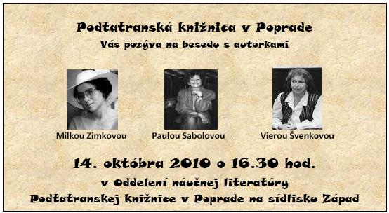 Pozvánka do Popradskej knižnice v Poprade na besedu so spisovateľkami, 14. 10. 2010 o 16.30 hod.