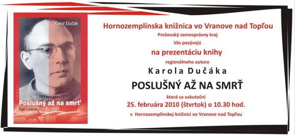 Pozvánka do Hornozemplínskej knižnice vo Vranove nad Topľou na prezentáciu knihy ,25. 2. 2010 o 10.30 hod.