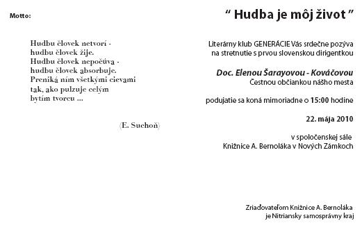 Pozvánka do Knižnice Antona Bernoláka v Nových Zámkoch na stretnutie s prvou slovenskou dirigentkou, 22. 5. 2010 o 15.00 hod.