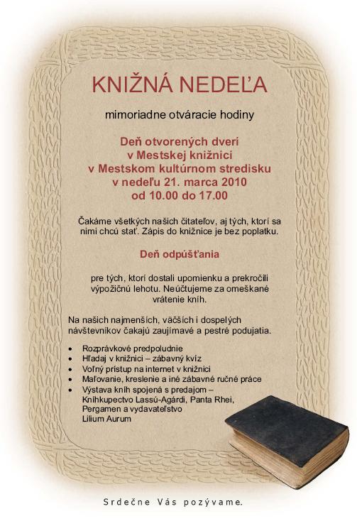 Deň otvorených dverí v Mestskej knižnici v Mestskom kultúrnom stredisku v Senci, 21. 3. 2010 od 10.00 do 17.00 hod.