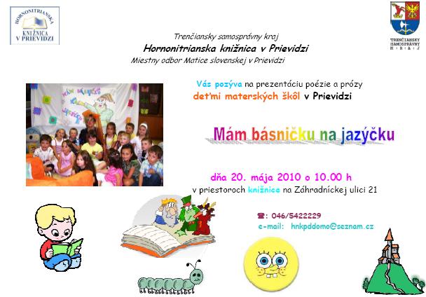 Pozvánka do Hornonitrianskej knižnice v Prievidzi na prezentáciu poézie a prózy, 20. 5. 2010 o 10.00 hod.