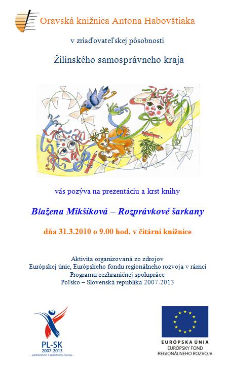 Pozvánka do Oravskej knižnice Antona Habovštiaka na krst knihy, 31. 3. 2010 o 9.00 hod.