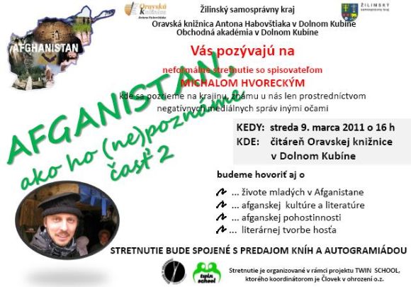 Pozvánka do Oravskej knižnice Antona Habovštiaka v Dolnom Kubíne na stretnutie so spisovateľom Michalom Hvoreckým, 9. 3. 2011 o 16.00 hod.