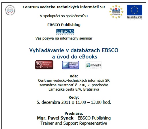 Pozvánka do Centra VTI SR na informačný seminár EBSCO Publishing, 5. 12. 2011.